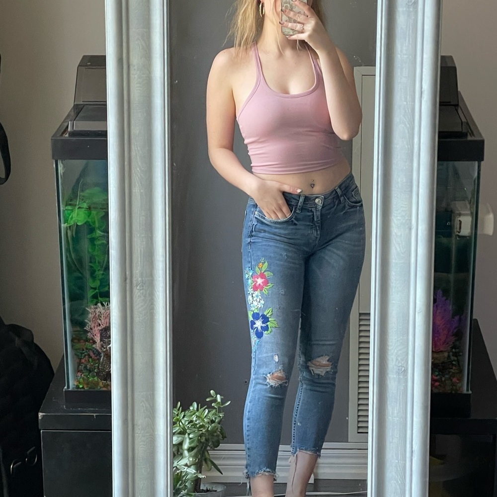 Zara 70s Festival Boho Chic Floral Embroidered Skinny Distressed Ankle Jeans